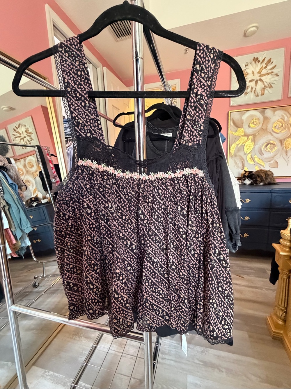 Free People Black Camisole with Pink Floral Print